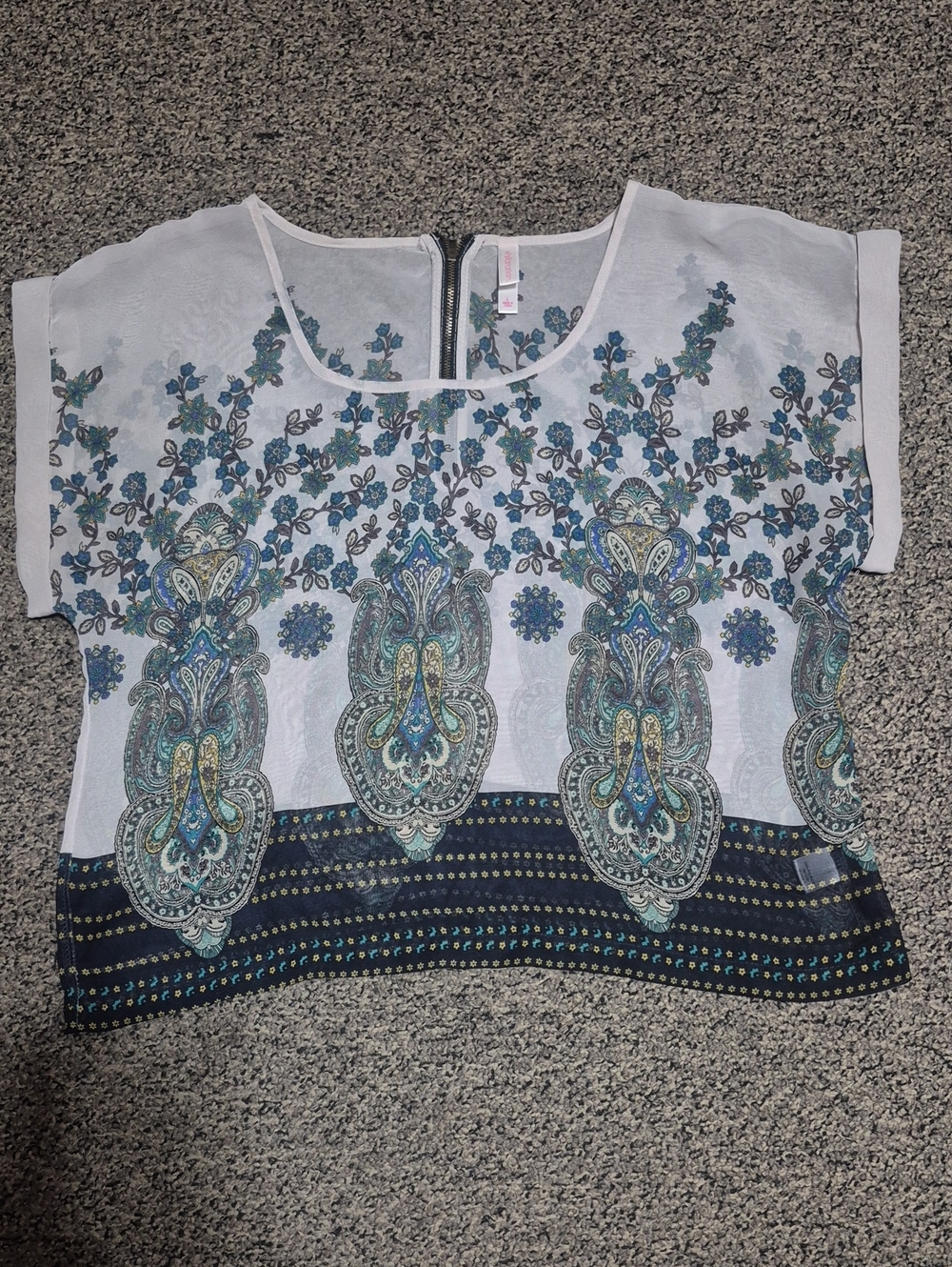 Xhilaration White Sheer Blouse with Teal and Blue Paisley Floral Print
